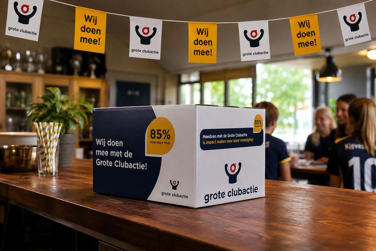 Doos van de Grote Clubactie op de bar in de kantine, met vlaggetjes erboven