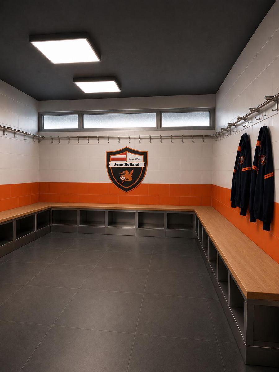Impressie van een kleedkamer met oranje tegelband en clublogo