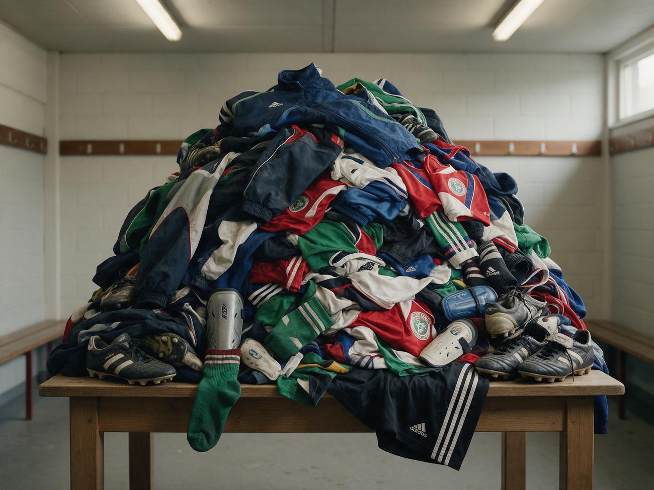 Een berg gebruikte voetbalkleding, schoenen en scheenbeschermers op een tafel in een kleedkamer