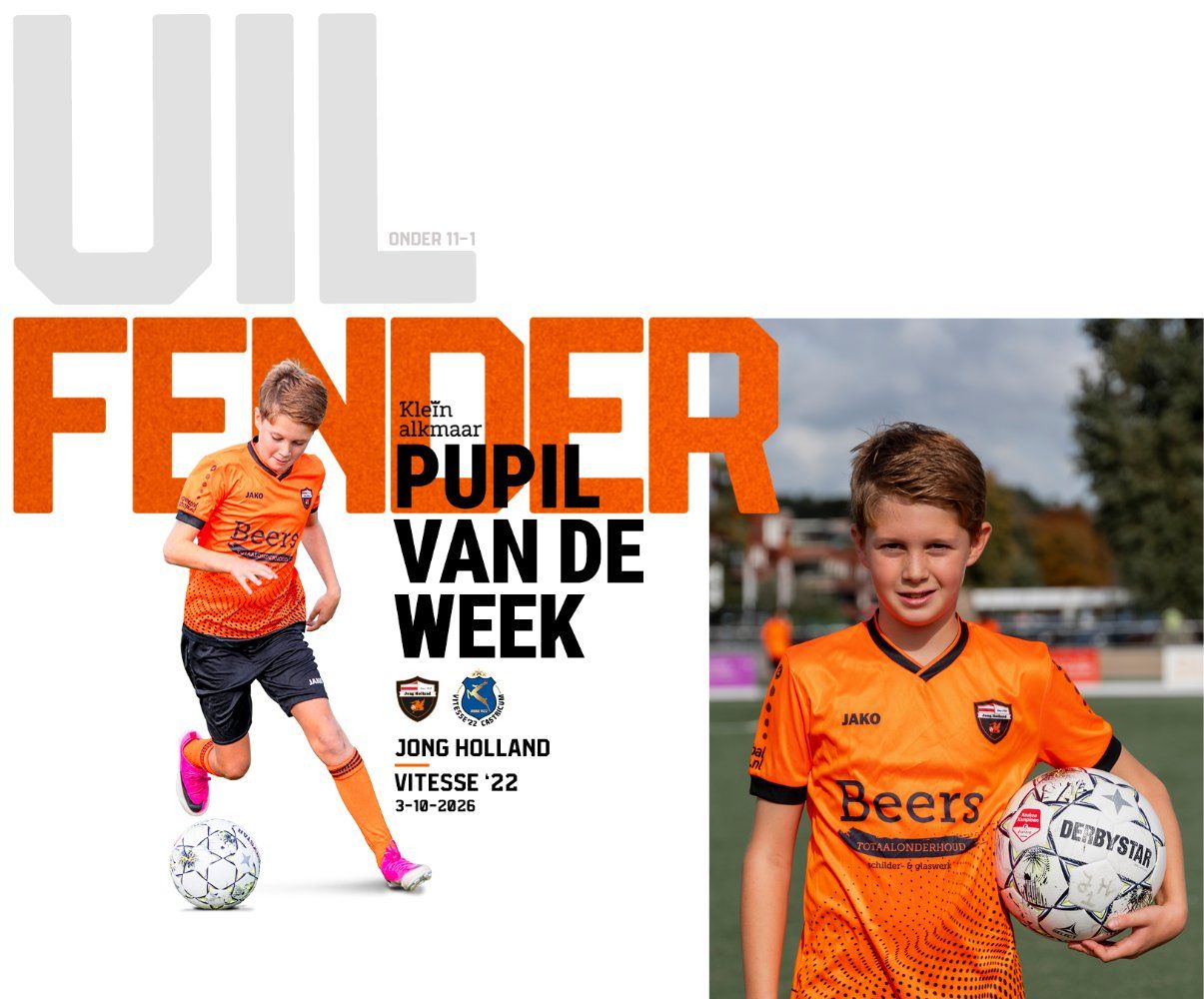Pupil van de week: Fender Uil, Onder 11-1. Jong Holland tegen Vitesse '22, 3-10-2026. Fender in het oranje shirt met de bal.